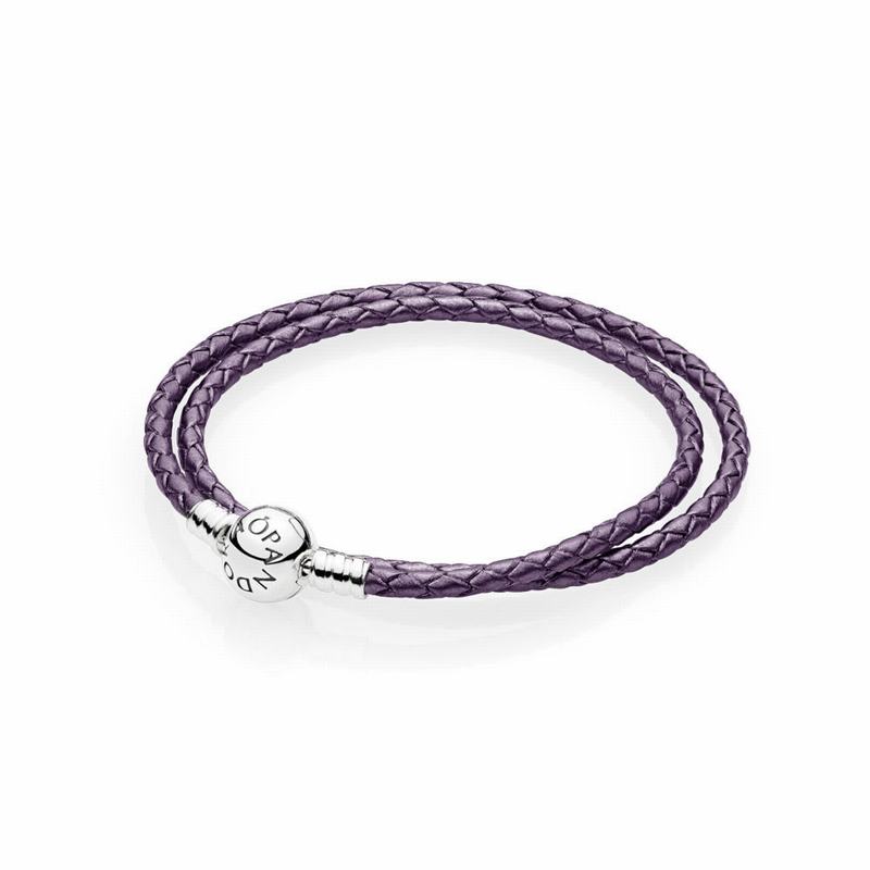 Pandora Purple Braided Double-leather Charm Bracelet - Sterling Silver/Leather/Purple - Canada | HN6